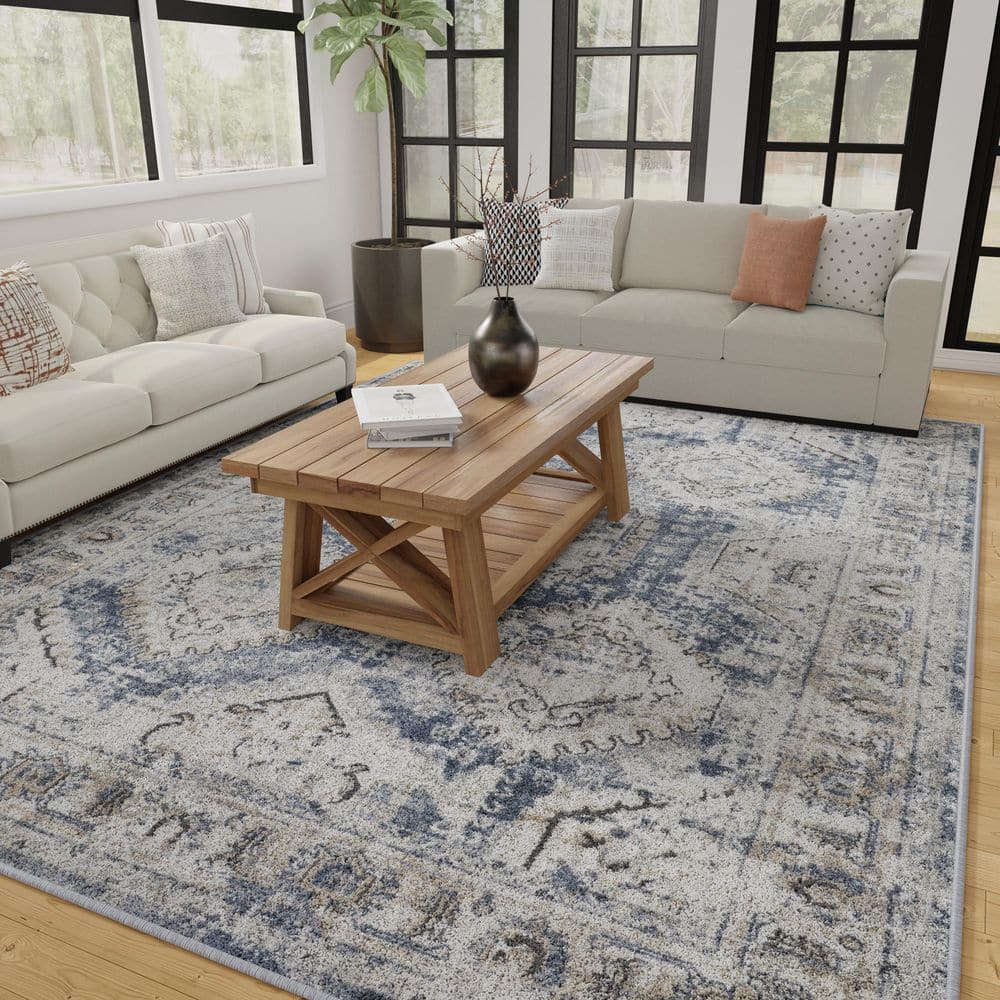 Kehleigh Blue Medallion Stain-Resistant Rectangular Area Rug
