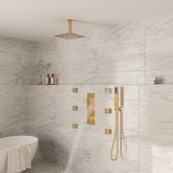Luxury 3-Spray 12 in. Dual Shower Head and Handheld Shower Head Ceiling Mount 2.5 GPM with 6-Body Jets in Brushed Gold