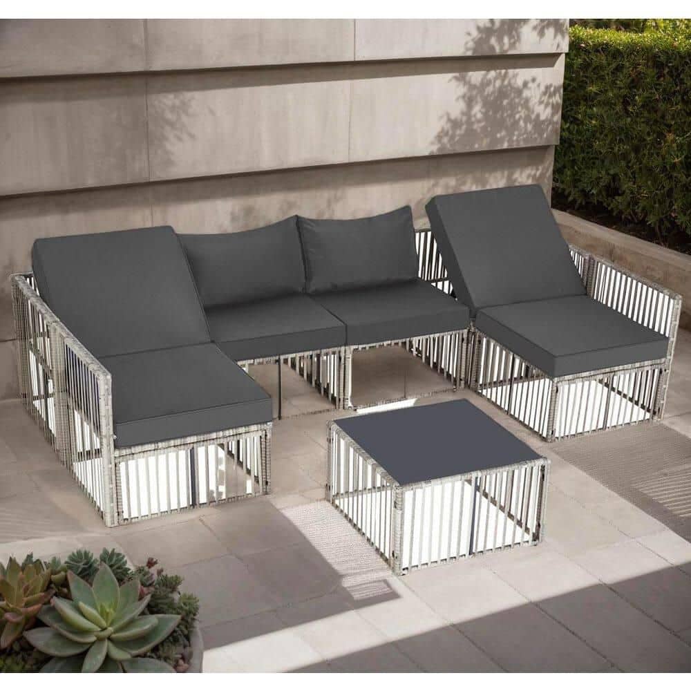 7-Piece Gray Wicker Outdoor Sectional Set with Gray Cushions and 1-Coffee Table for Backyard Poolside Porch