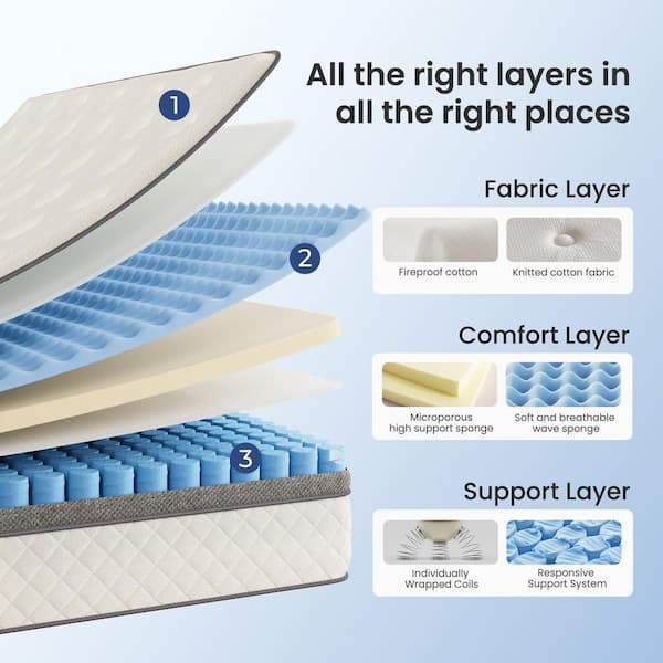 Queen Medium Hybrid Bamboo Charcoal Gel Memory Foam 10 in. Pocket Spring Pillow Top Motion Isolationg Mattress