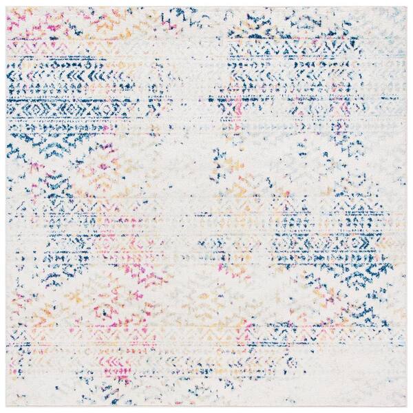 SAFAVIEH Tulum Ivory/Blue 5 ft. x 5 ft. Square Tribal Geometric Striped Area Rug