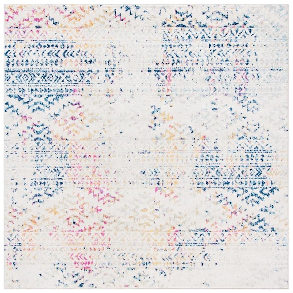 SAFAVIEH Tulum Ivory/Blue 7 ft. x 7 ft. Square Tribal Geometric Striped Area Rug