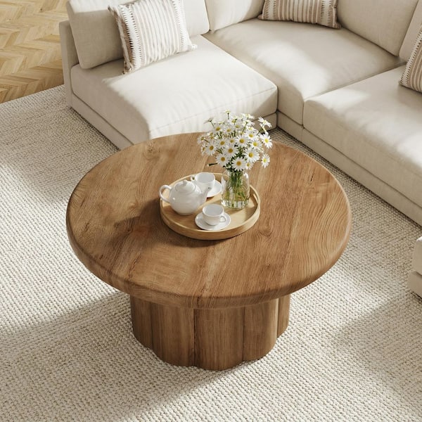 Allan Farmhouse 31.5 in. Brown Round Wood Coffee Table with Fluted Drum Base and Rounded Tabletop for Small Spaces