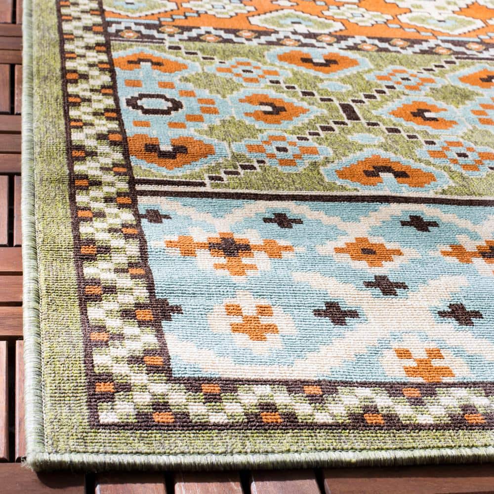 Green and Terracotta Floral Synthetic Washable Area Rug