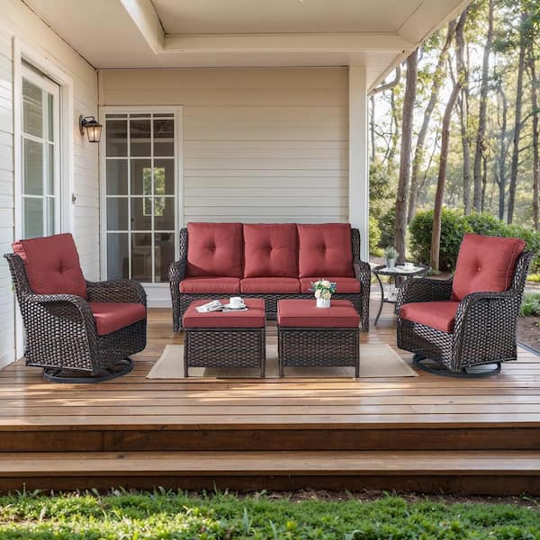6-Piece Brown Wicker Patio Conversation Set with Olefin Red Cushions and Swivel Glider Chairs/Couch