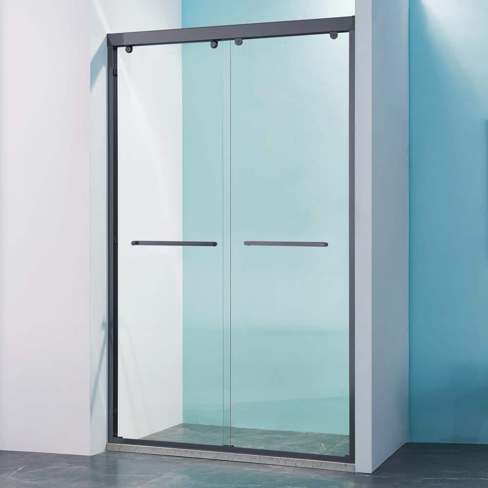 48 in. W x 75 in. H Sliding Framed Shower Door in Matte Black Finish with C