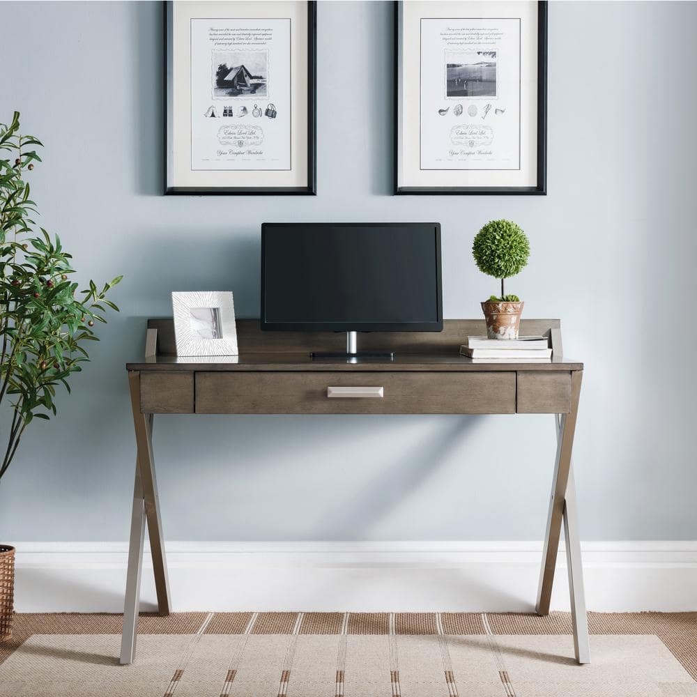 Modern Smoke Gray Wood and Silver Metal Desk with Keyboard Tray