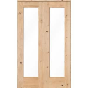 48 in. x 80 in. Rustic Knotty Alder 1-Lite Clear Glass Both Active Solid Core Wood Double Prehung Interior Door