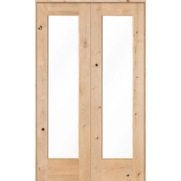 48 in. x 80 in. Rustic Knotty Alder 1-Lite Clear Glass Both Active Solid Core Wood Double Prehung Interior Door