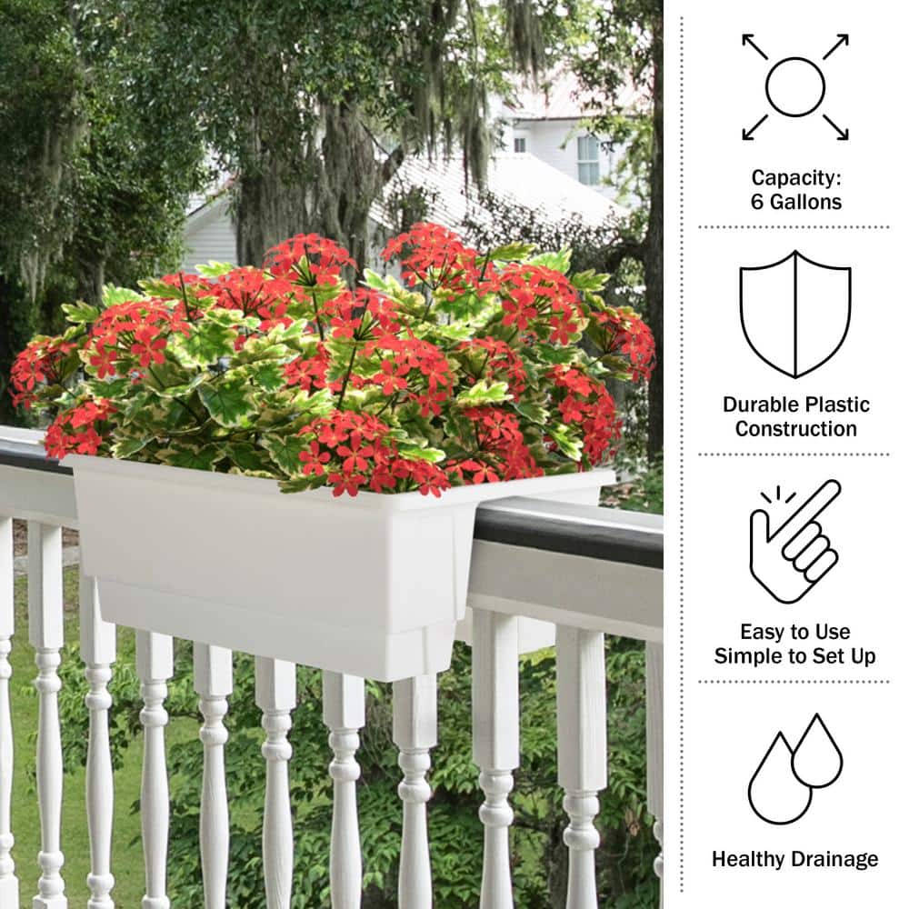 White Plastic Rectangular Railing Planter Box with Drainage Insert