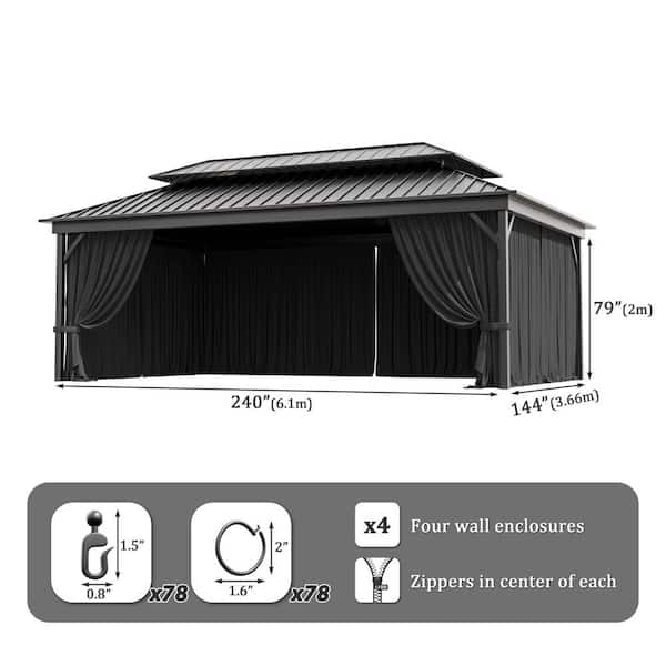 12 ft. x 20 ft. Universal Outdoor Privacy Curtains, Gazebo Replacement with Zipper Black (4-Side Curtain Only)