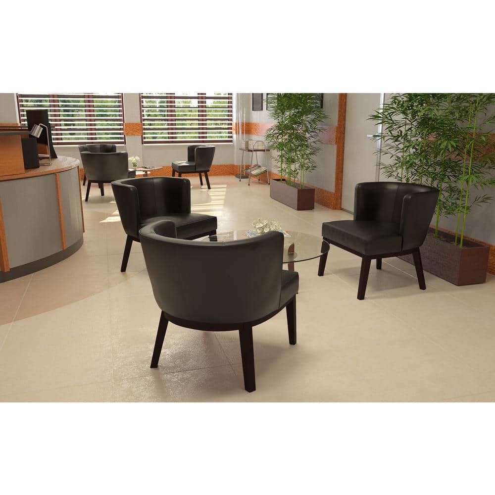 Elegant Barrel Black Leather Accent Chair with Wooden Legs