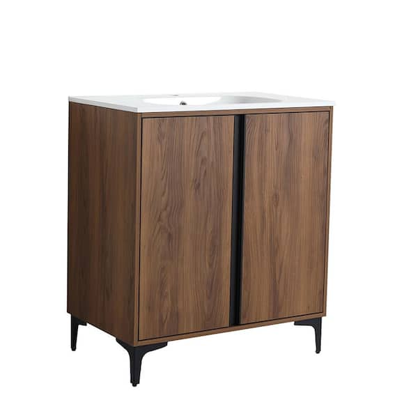 Bellaterra Home 29.5 in. W x 18.1 in. D x 33.5 in. H Single Bath Vanity in Brown Walnut Finish with White Solid Surface Resin Sink
