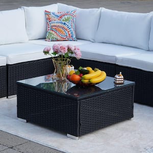 Black 7-Piece Wicker Patio Conversation Set, Sofa Set with Beige Cushions and Glass Table