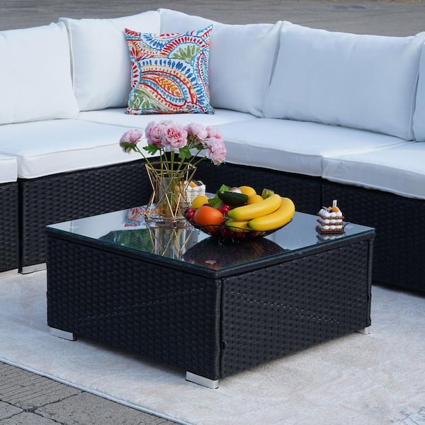 Sudzendf Black 7-Piece Wicker Patio Conversation Set, Sofa Set with Beige Cushions and Glass Table