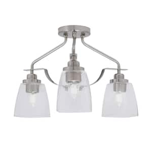 Zara 15 in. 3-Light Brushed Nickel Semi-Flush with 4.5 in. Clear Bubble Glass Shades No Bulbs Included