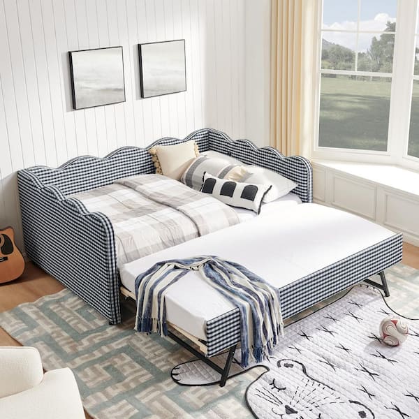 Noble House Natalie Navy Gingham Full Size Upholstered Linen