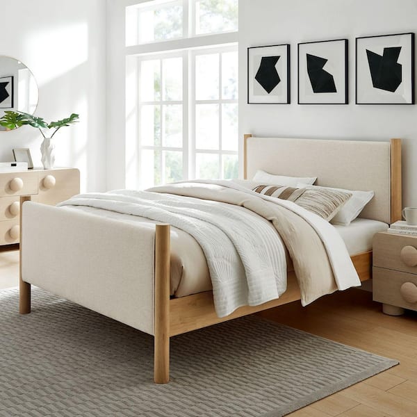 Maven Beige Wood Frame Queen Platform Bed with Upholstered Fabric Headboard and Footboard