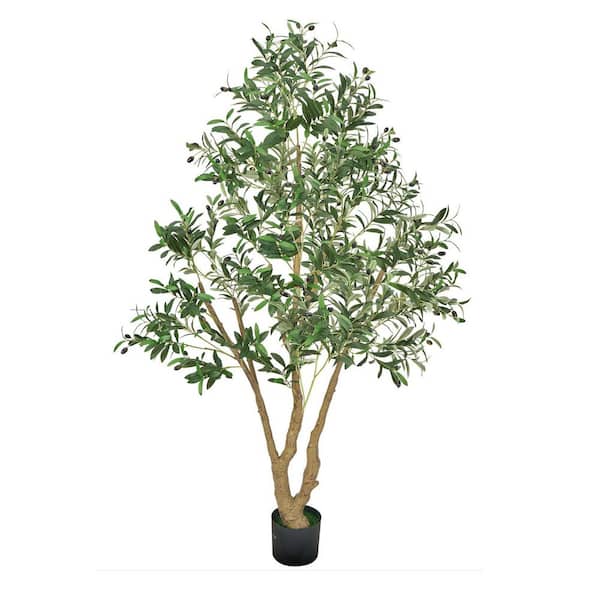 6 ft. Artificial Olive Tree with Black Pot, Tall Fake Tree with Natural Wood Trunk and Realistic Green Leaves and Fruits