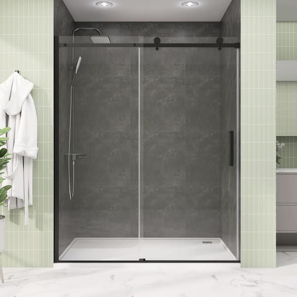 59 in. W x 75 in. H Frameless Glass Shower Door Bypass Single Sliding in Matte Black with 5/16 in. (8 mm) Tempered Glass