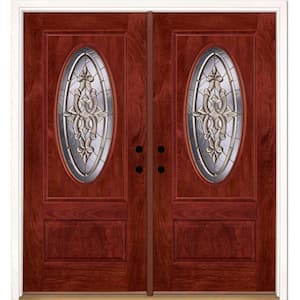 74 in.x81.625 in. Silverdale Brass 3/4 Oval Lite Stained Cherry Mahogany Left-Hand Fiberglass Double Prehung Front Door