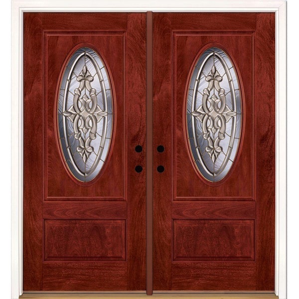 Feather River Doors 74 in.x81.625 in. Silverdale Brass 3/4 Oval Lite Stained Cherry Mahogany Left-Hand Fiberglass Double Prehung Front Door