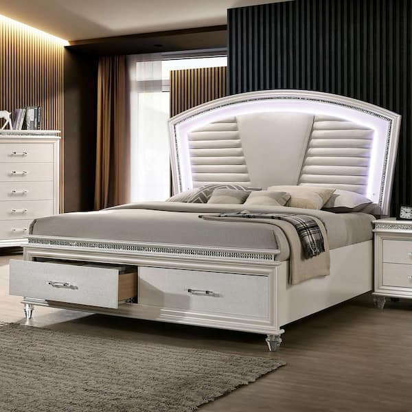 Furniture of America Litzler White Wood Frame Eastern King Platform Bed with Lighted Headboard and Drawers