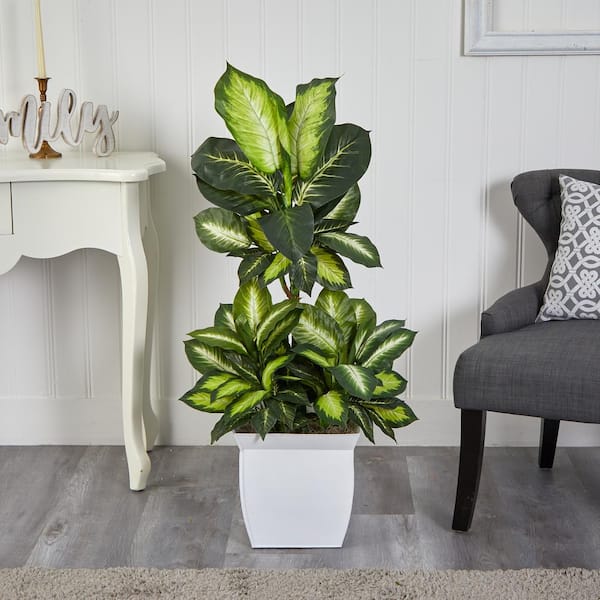Nearly Natural 46 in. Artificial Golden Dieffenbachia Plant in White Metal Planter