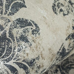 Opal Damask Charcoal/Gold Charcoal and Gold Wallpaper Sample