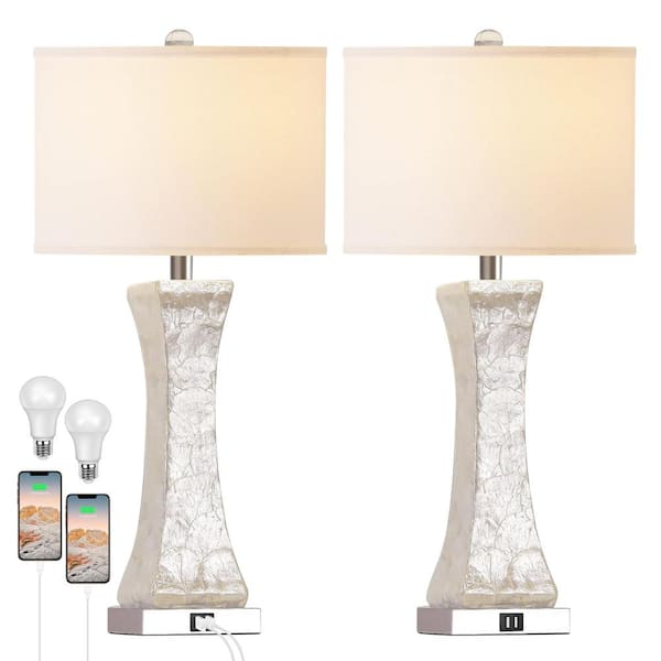 28 in Coastal White Bedside Lamp with 2 USB Ports, 3-Way Dimmable Capiz Shell Nightstand Lamp with Drum Shade