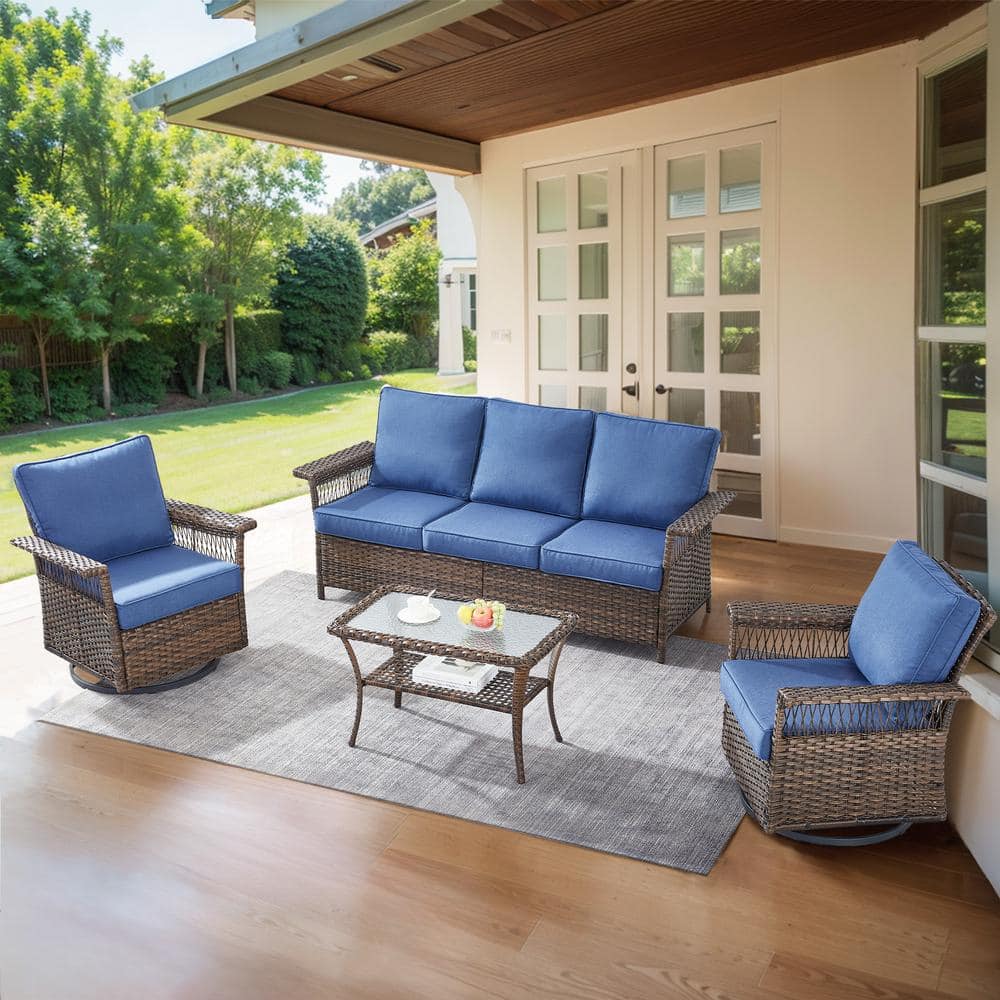 Gymojoy StLouis Brown 4-Piece Wicker Patio Conversation Set with Blue ...