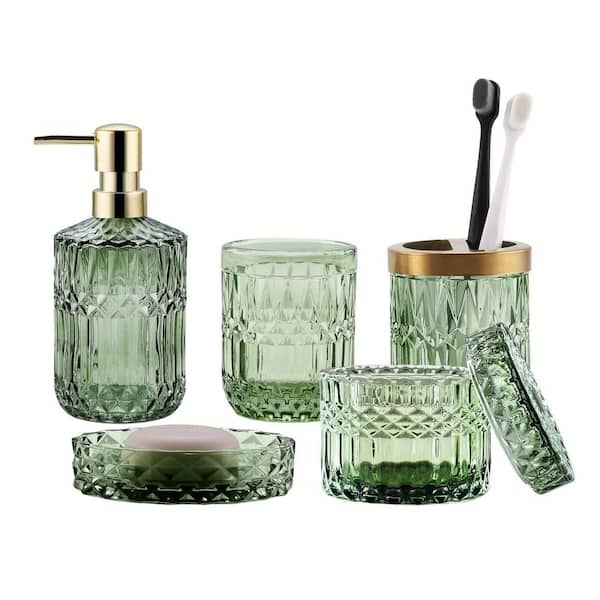 5-Piece Bath Accessory Set in Translucent Green Glass for Modern Bathroom Countertop Decor