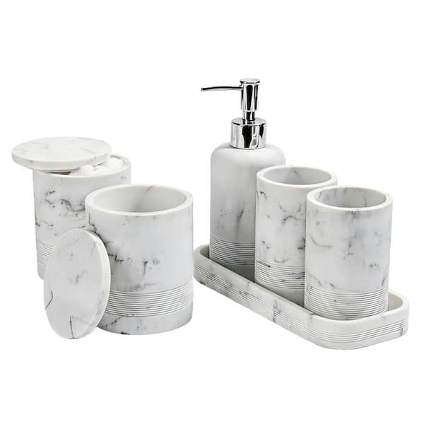 6-Piece Bath Accessory Set with Toothbrush Holders, Soap Dispenser, Vanity Tray and Cotton Swab Jars in Marble White