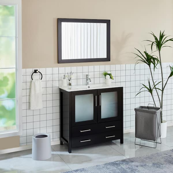 36 in. W x 18 in. D x 36 in. H Bathroom Vanity in Espresso with Single Basin Vanity Top in White Ceramic and Mirror
