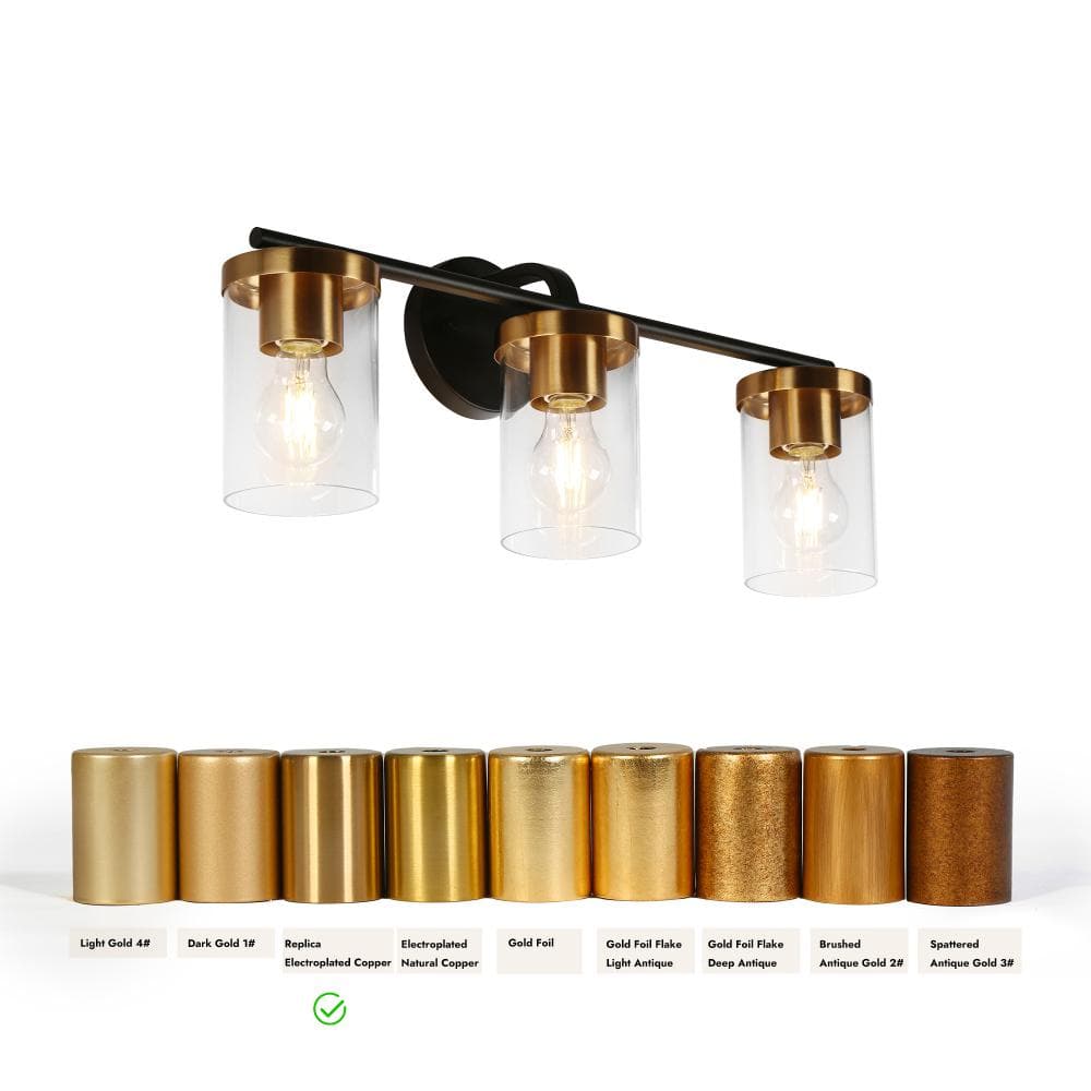 23.6" Black and Brass Metal Vanity Light with Clear Glass Cylinder Shades