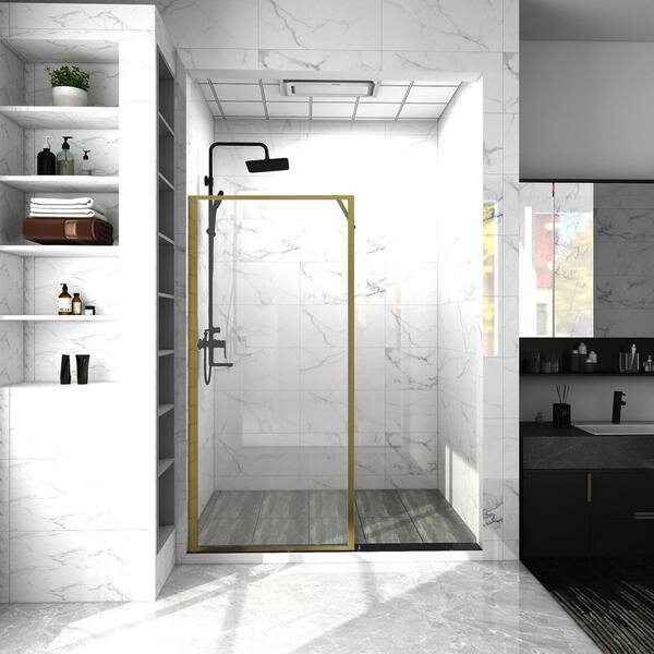 Satico 34 in. W x 74 in. H Frameless Shower Door in Gold with Clear Glass