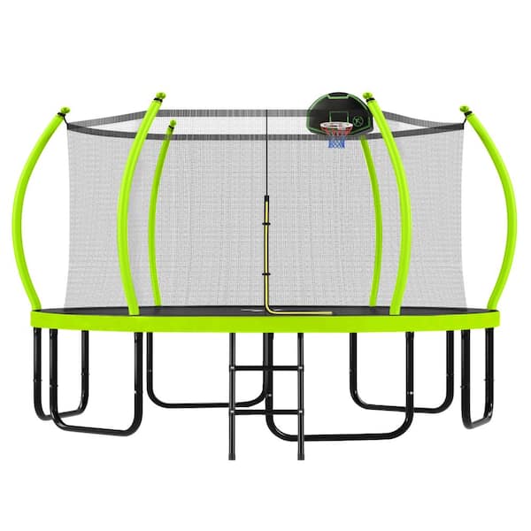 Green Metal Outdoor Round 16FT Trampoline with Basketball Hoop, Enclosure Net & Curved Poles & Ladder