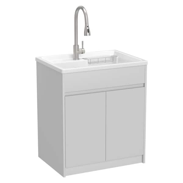 30 in. W x 22 in. D Solid Surface Drop-In Laundry/Utility Sink and Cabinet with Cold Hot Water Faucet and Drain in White