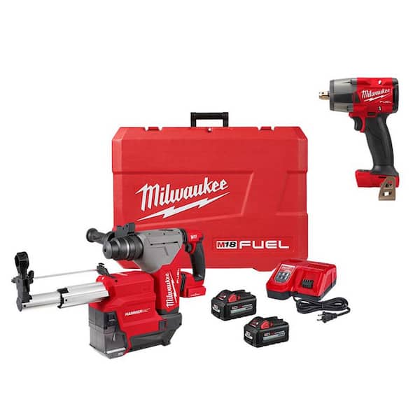 Milwaukee M18 FUEL 18V Lithium-Ion Brushless 1-1/8 in. Cordless SDS-Plus Rotary Hammer/Dust Extract Kit w/M18 FUEL Impact Wrench