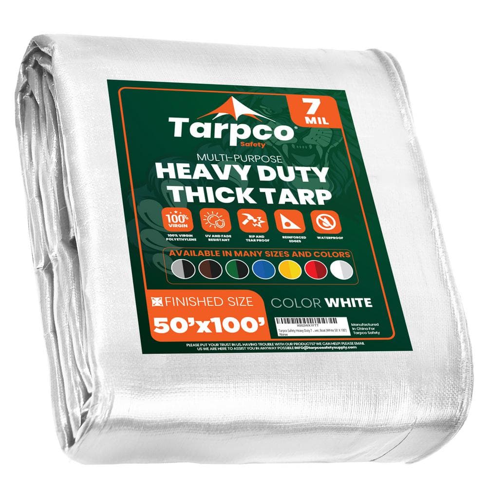 TARPCO SAFETY 50 ft. x 100 ft. White 7 Mil Heavy Duty Polyethylene Tarp,  Waterproof, UV Resistant, Rip and Tear Proof TS-204-50x100 - The Home Depot