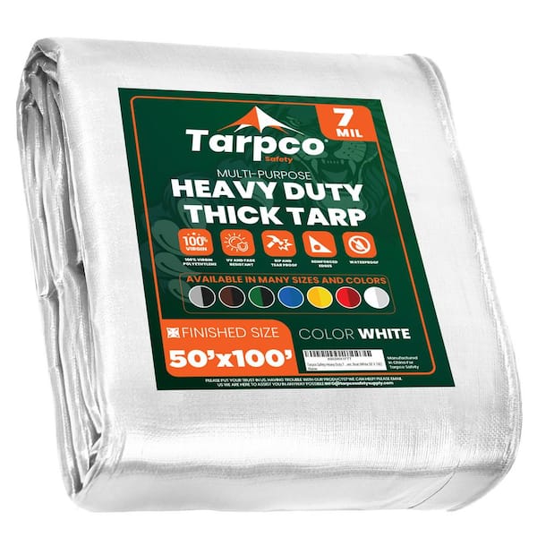 TARPCO SAFETY 50 ft. x 100 ft. White 7 Mil Heavy Duty Polyethylene Tarp, Waterproof, UV Resistant, Rip and Tear Proof