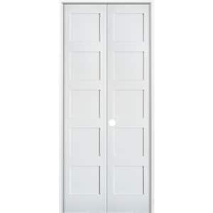 48 in. x 96 in. Craftsman Shaker 5-Panel Left Handed MDF Solid Core Primed Wood Double Prehung Interior French Door