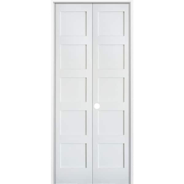 Krosswood Doors 48 in. x 96 in. Craftsman Shaker 5-Panel Left Handed MDF Solid Core Primed Wood Double Prehung Interior French Door