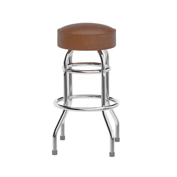 Carnegy Avenue Bruno 30.25 in. Metal Double Ring Chrome Barstool with Weathered Brown Seat