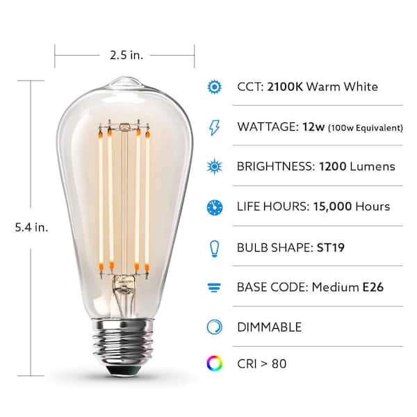 Feit Electric 75-Watt Equivalent ST19 Dimmable Clear Glass Vintage Edison LED Light Bulb With Cage Filament Warm White (4-Pack) Feit Electric 75-Watt Equivalent ST19 Dimmable Clear Glass Vintage Edison LED Light Bulb With Cage Filament Warm White (4-Pack)