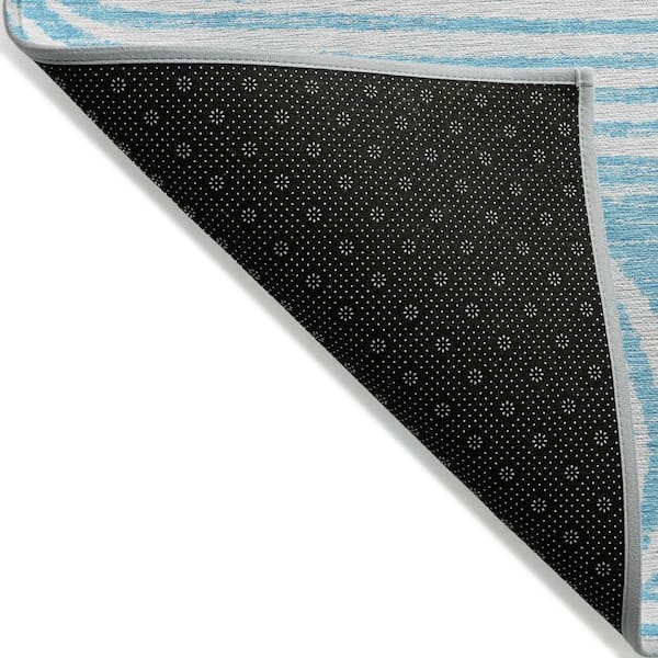 Teal Blue, White 2 ft. x 8 ft. Woven Abstract Polyester Runner Indoor / Outdoor Area Rug