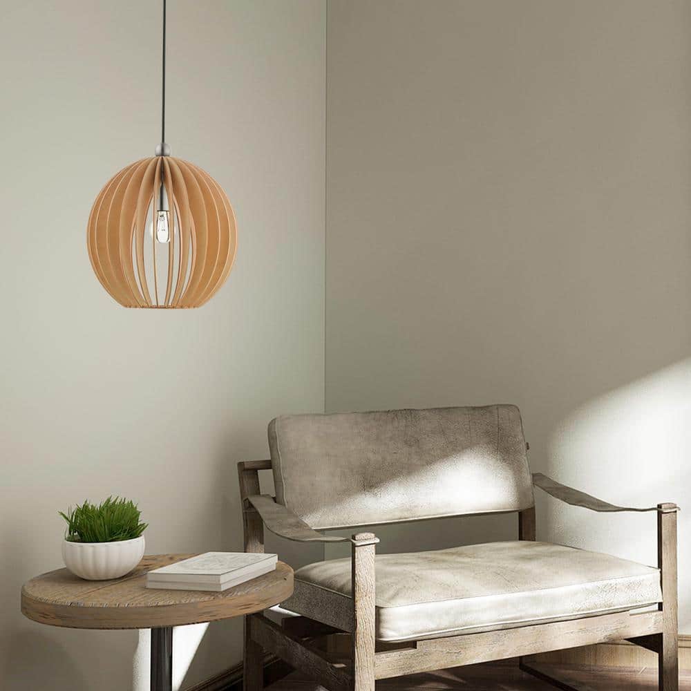Mini Globe Brushed Nickel Pendant with Round Wood Shade