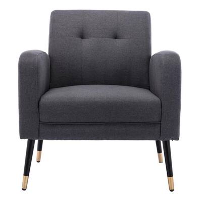Modern Grey Strip Tufting Linen Accent Armchair Living Room Chair with Black Metal Leg