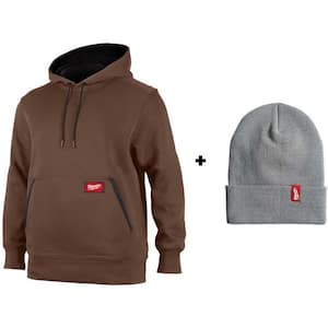 Men's 2X Large Brown Midweight Cotton/Polyester Long Sleeve Pullover Hoodie with Men's Gray Acrylic Cuffed Beanie Hat