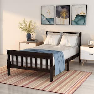 Espresso Twin Size Wood Platform Bed with Headboard and Footboard, Sturdy Sleigh Panel Bed Frame with Wood Slats